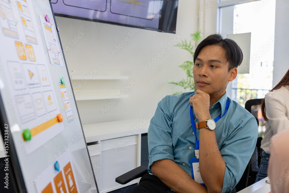 Poster ux, ui, working environment in the office of the web and mobile application designer department, use