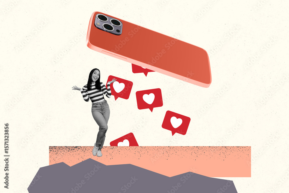 Poster 3d collage design composite trend artwork sketch of smartphone app click online notification repost 