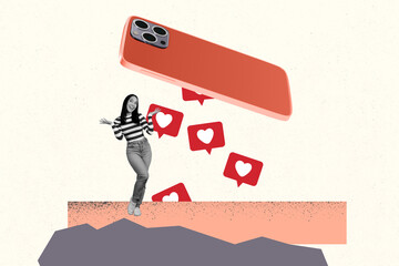3D collage design composite trend artwork sketch of smartphone app click online notification repost...