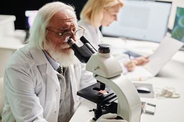 Senior Caucasian man examining sample through microscope in scientific laboratory while middle aged...