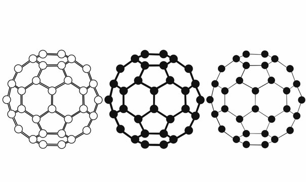 set Vector illustration of  Buckminsterfullerene or C60 molecules in outline, solid, and dot styles,silhouette, ideal for science, chemistry, or nanotech concept visuals.