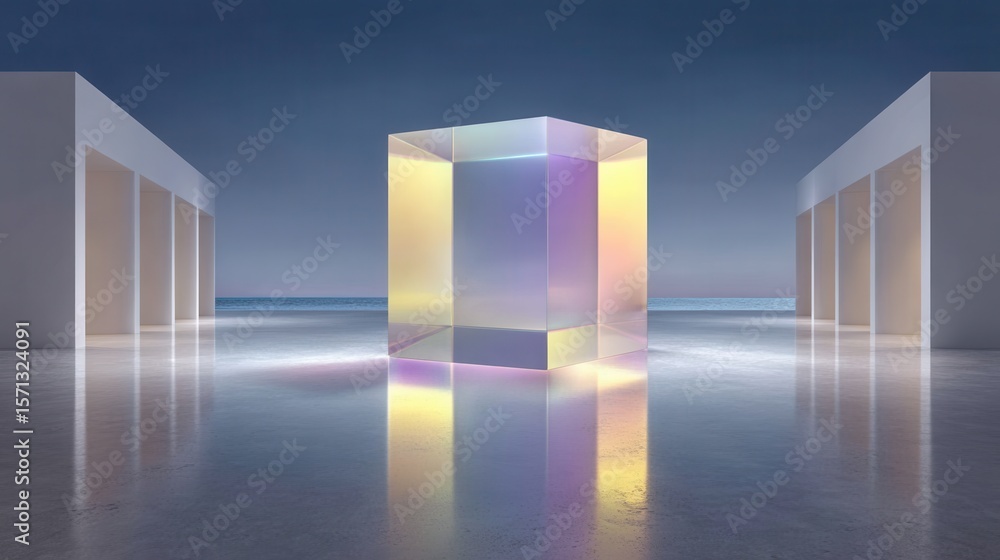 Poster iridescent cube in minimalist architecture