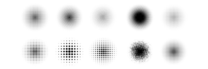 Half tone circle. Round dotted frame, circles pattern border and abstract halftone graphic design vector set