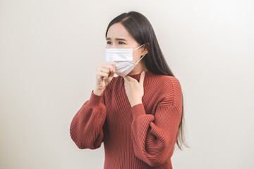 Unhealthy sickness, unwell asian young woman wearing mask coughing, have sore throat, suffering...