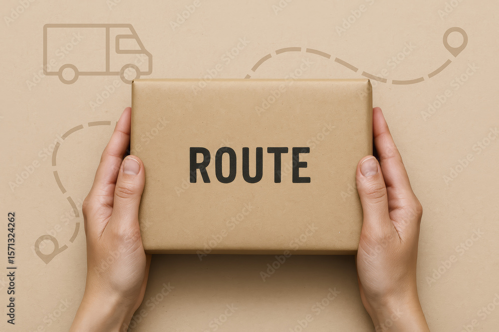 Poster efficient logistics and delivery workflow are symbolized by hands holding a parcel stamped with rout