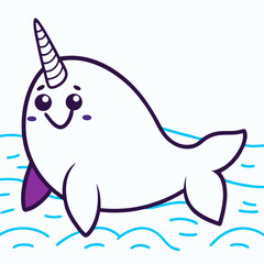 Cute Cartoon Narwhal Illustration, Kawaii Unicorn Whale