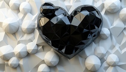 A heart made of black spheres on top of white and gray low-poly shapes, all set against a background 