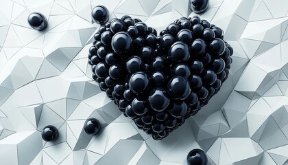 A heart made of black spheres on top of white and gray low-poly shapes, all set against a background 