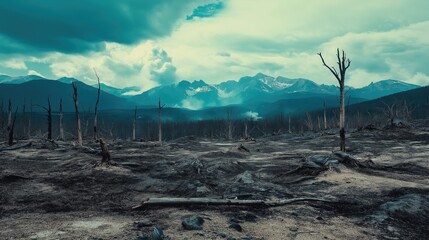 Burnt forest remains in front of mountain landscape.