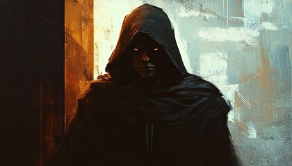 A hooded figure in a black robe with their face obscured, set against a shadowy background