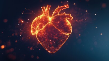 3D abstract heart shape made of light particles on a dark background.