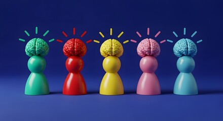 Five colorful figures with brain tops and light rays, symbolizing diverse creative thinking and innovation.