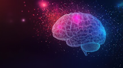 Futuristic 3D brain model with technology particles.