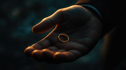 Gold wedding ring on a man's palm on a dark background. Close-up.