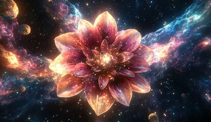 A huge flower in the center of an exploding galaxy, surrounded by swirling galaxies and colorful nebulae