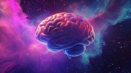 3D brain model on a abstract blue pink background.