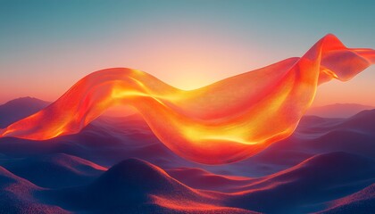 Floating Abstract Fabric in Sunset Glow Over Rolling Landscape