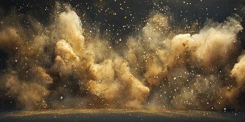 A large amount of golden dust falling to the ground, with gold particles floating in the air, creating an atmosphere full of glitter and splendor