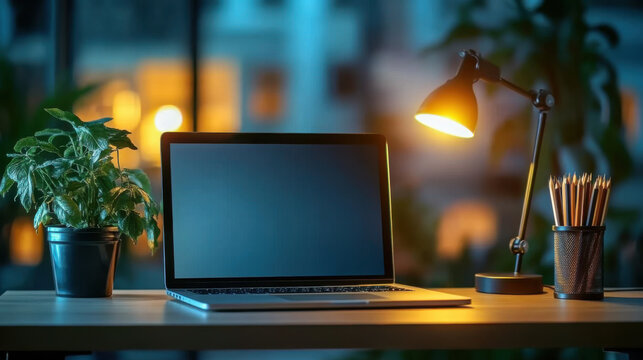 aptop computer sits on a desk with a lamp and a pencil holder in the background