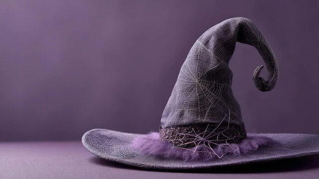 Halloween concept. A whimsical, pointed witch hat with cobweb details sits on a purple surface against a matching purple background.