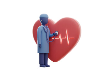 3D Doctor with Stethoscope Examining Red Heart with White ECG Line Against Transparent Background for Medical Visualization