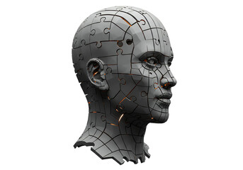 Abstract Fragmented Gray Head Profile With Glowing Orange Cracks On Transparent Background