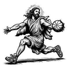 Fototapeta premium Jesus in motion, dribbling a basketball while wearing robes and sneakers with radiant halo sketch engraving generative ai fictional character PNG illustration. Scratch board. Black and white image.