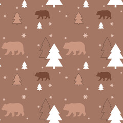 seamless pattern with christmas trees, bear and Snowflake. The color is mocha feel.  Brown looks easy on the eyes. make you feel calm.