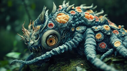 Fototapeta premium Alien Creature Close-Up: Textured Skin, Horns, and Large Eye in Forest Setting