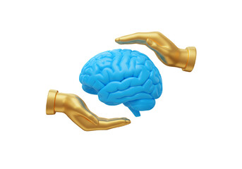 Blue Brain Protected by Golden Hands on Transparent Background Symbolizing Mental Health