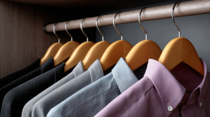 Men shirt hanging on wooden hanger in closet with black, gray, blue, and purple colors