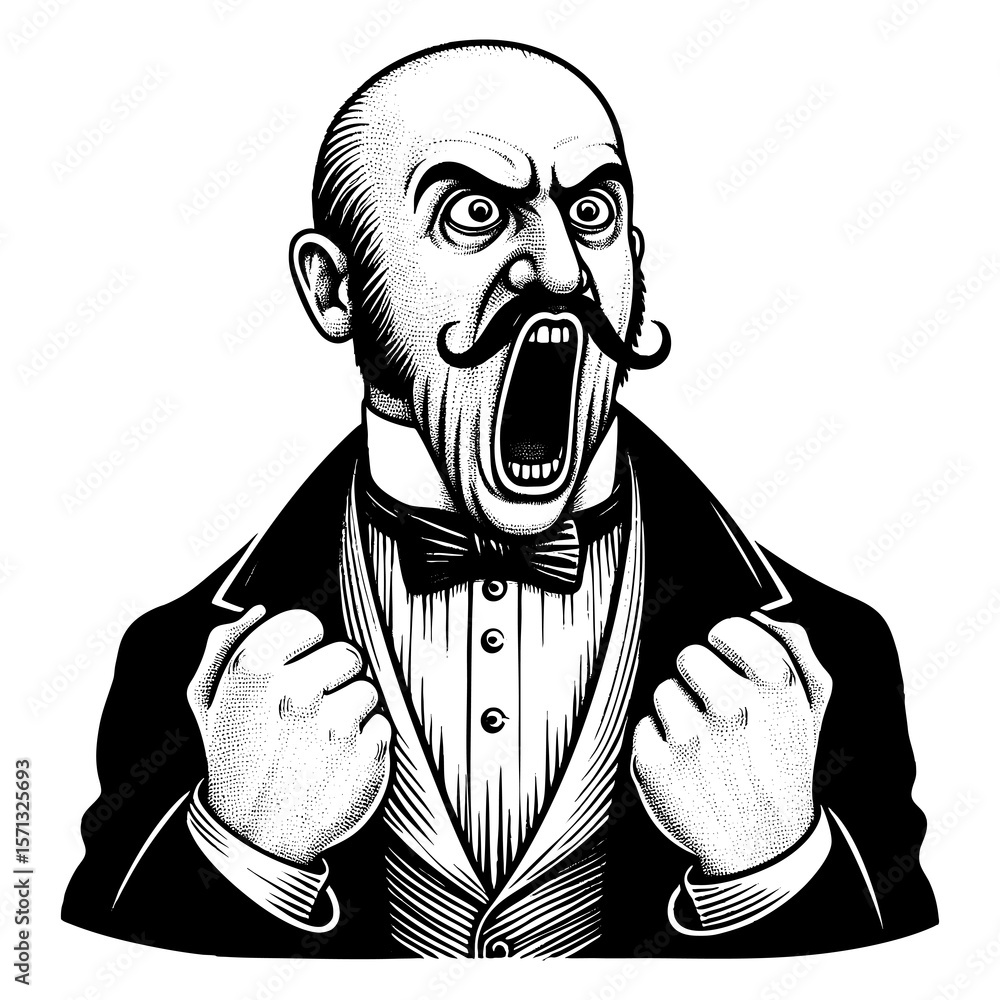 Poster man in a suit, shouting with clenched fists and a furious expression sketch engraving generative ai 