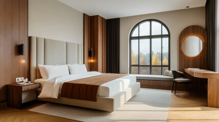 Stylish hotel bedroom interior with bed