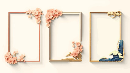 Decorative frames with floral and wave motifs cherry blossom