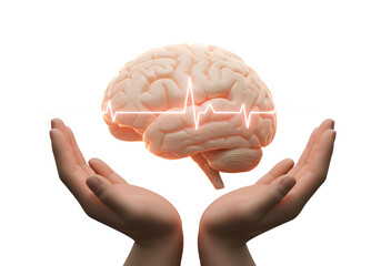 Detailed Human Brain Illustration with Glowing Heartbeat Line and Supportive Hands on Transparent Background
