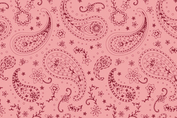 Seamless Paisley Print Line Art Vector Pattern in Pink and Maroon Red Combo	
