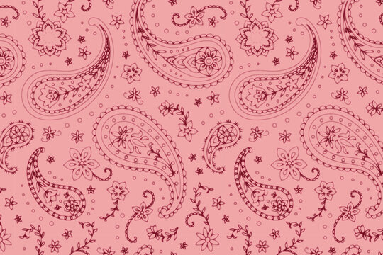 Seamless Paisley Print Line Art Vector Pattern in Pink and Maroon Red Combo	
