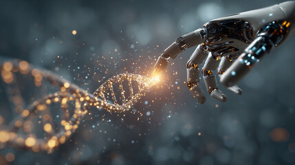 A futuristic robotic hand reaches out to a glowing DNA strand, symbolizing genetic engineering, biotechnology, artificial intelligence in science, and the future of human-machine interaction and biolo