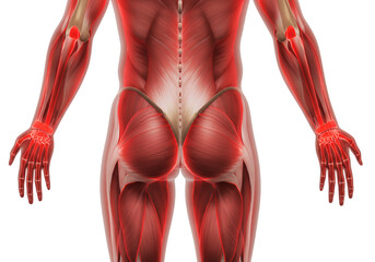 Detailed Muscular Anatomy Illustration Displaying Upper Body in Red with Transparent Background for Educational and Medical Purposes