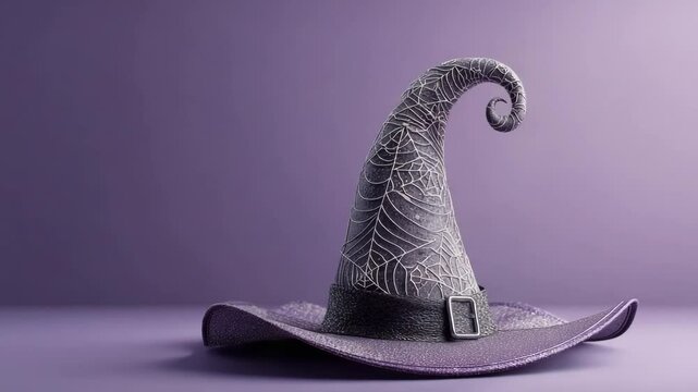 Halloween concept. A pointed witch hat with a curled tip, decorated with spiderweb patterns, sits on a purple surface against a matching purple background.