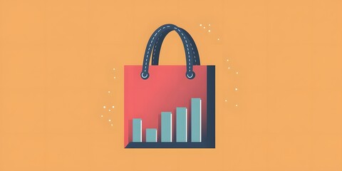 Shopping Bag with Increasing Bar Graph and Orange Background
