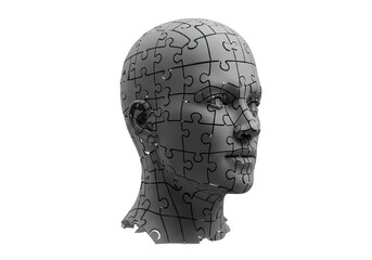 Grayscale 3D Rendered Human Head Constructed From Puzzle Pieces Isolated on Transparent Background