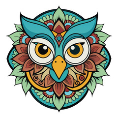 A cute cartoon owl character on a branch with flowers, a funny animal illustration