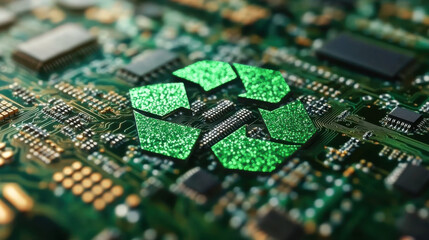 green recycle sign on circuit board technology innovations