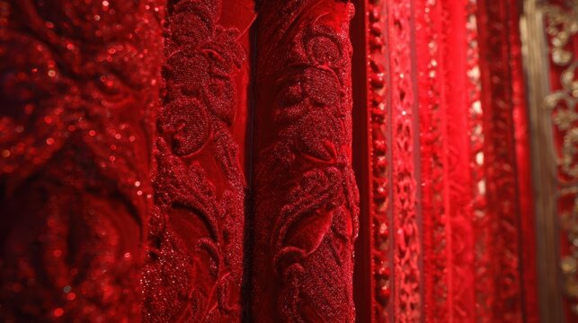 Dazzling scarlet velvet panels showcasing intricate textures enhance the grandeur of any venue evoking feelings of elegance and excitement perfect for theatrical displays and lavish