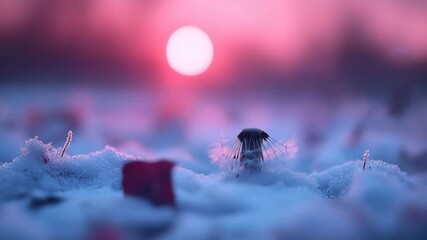 Dandelion seed head in winter snow, vibrant sunset hues - Powered by Adobe