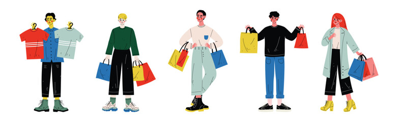 Happy People Customer Character Shopping with Bag Vector Set