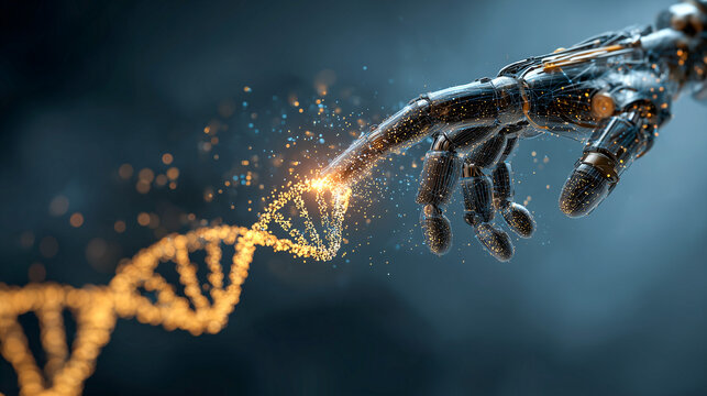 A futuristic robotic hand reaches out to a glowing DNA strand, symbolizing genetic engineering, biotechnology, artificial intelligence in science, and the future of human-machine interaction and biolo
