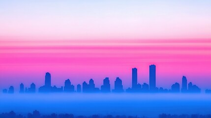 Fototapeta premium City skyline silhouette at sunrise with pastel hues.
