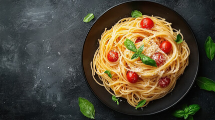 Spaghetti pasta with meatballs in tomato sauce with parsley in frying pan, dark table background, top view